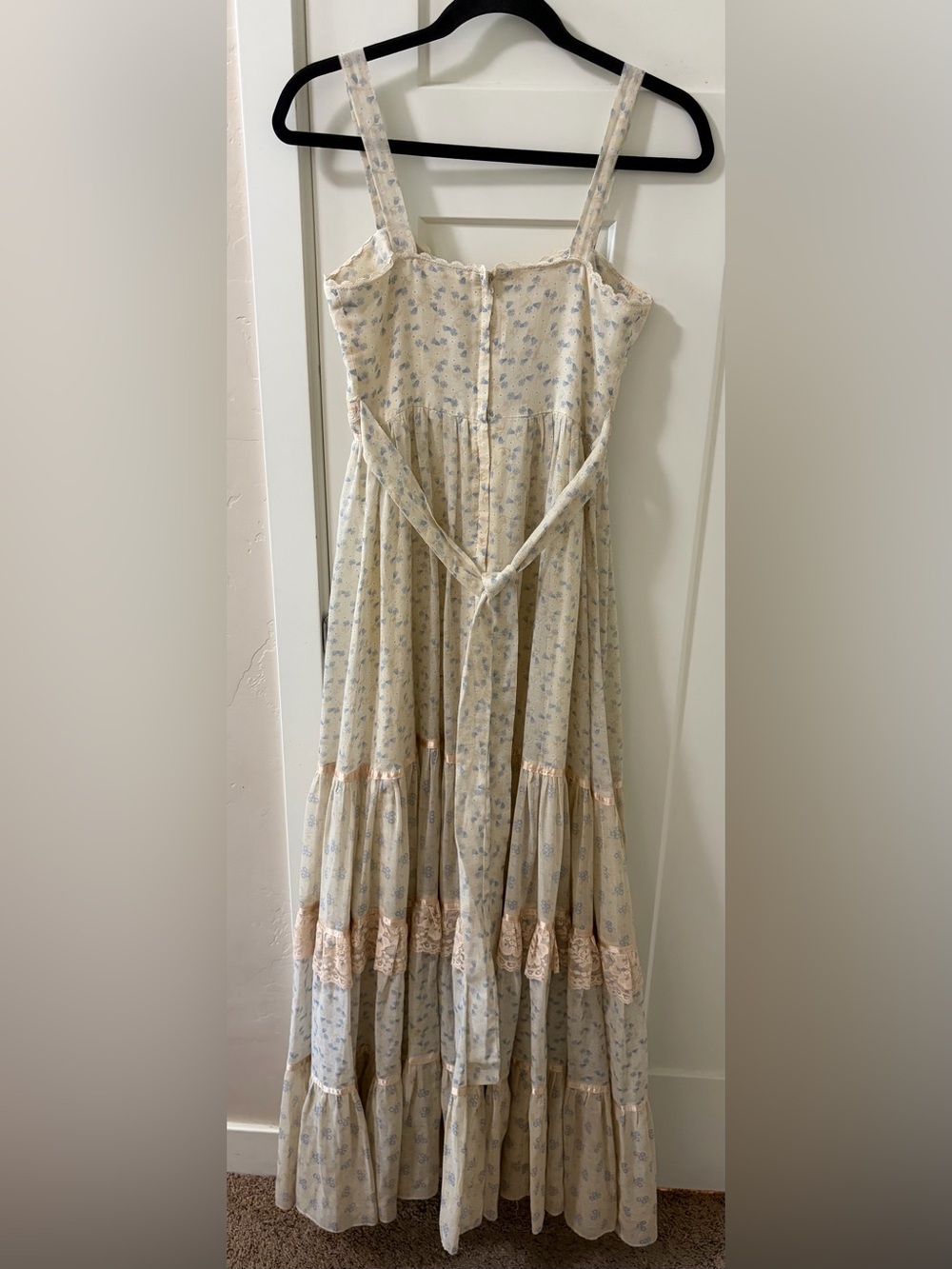 Gunne Sax Vintage Floral Tiered Maxi Sundress Lace Trim Boho Cream Beige Size 7 - Picture 7 of 14